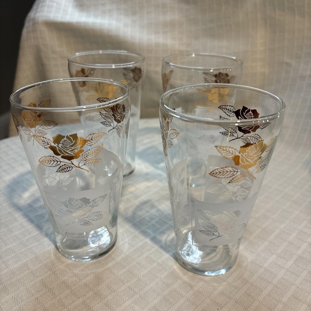 4 Vintage Drinking Glasses‎ - Gold Rose Pattern - Mid Century MCM 8oz